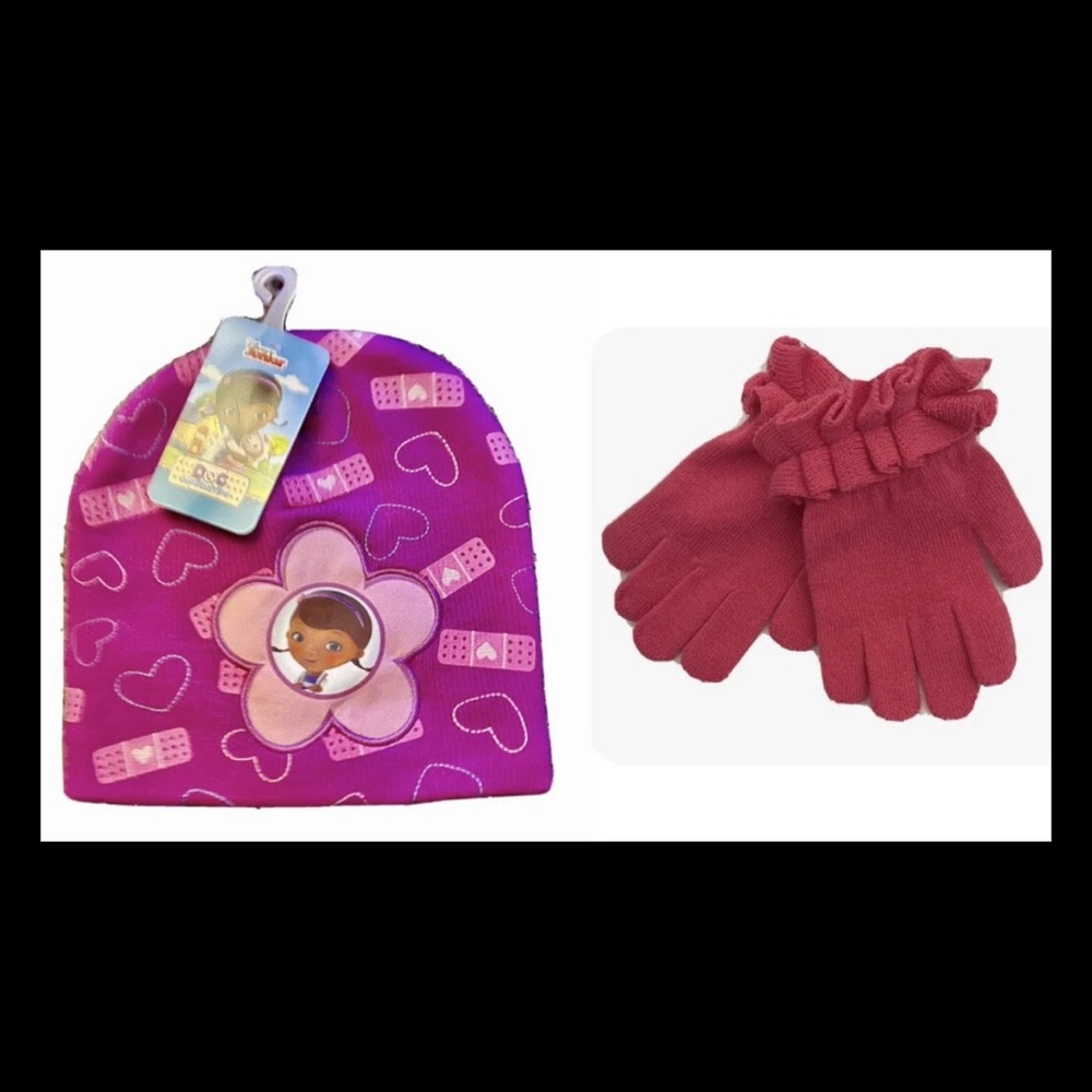 Disney Junior Doc Mc Stuffins Toddler Girls Pink Knit Hat Beanie & Gloves NWT